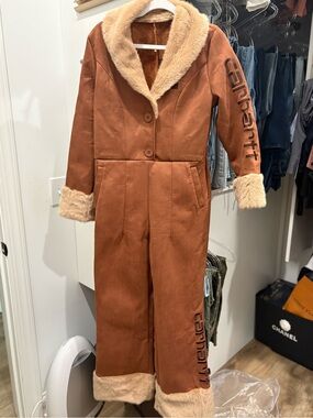 Rust Faux Fur Trim Jumpsuit